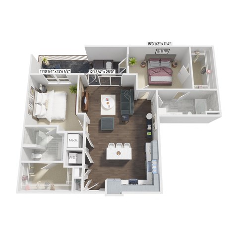 Floor plan for 2 beds, 2 baths, 1151 sqft