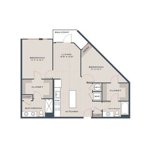 Floor plan for 2 beds, 2 baths, 1144 sqft