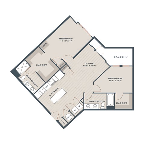 Floor plan for 2 beds, 2 baths, 1201 sqft