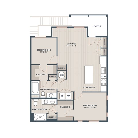 Floor plan for 2 beds, 2 baths, 1165 sqft