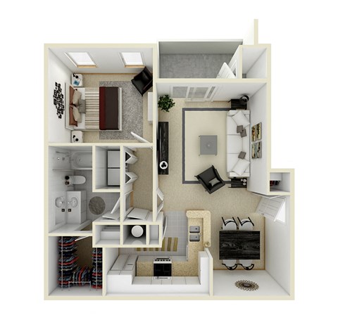 Floor plan for 1 bed, 1 bath, 859 sqft