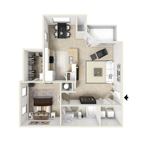Floor plan for 1 bed, 1 bath, 756 sqft