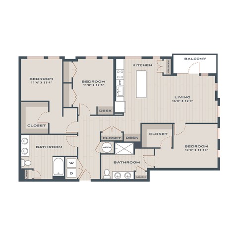 Floor plan for 3 beds, 2 baths, 1729 sqft