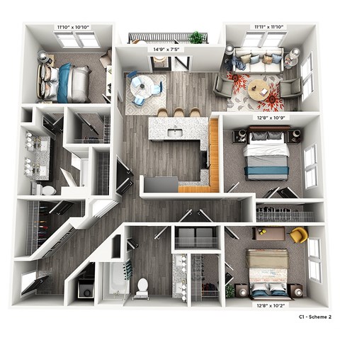 Floor plan for 3 beds, 2 baths, 1455 sqft