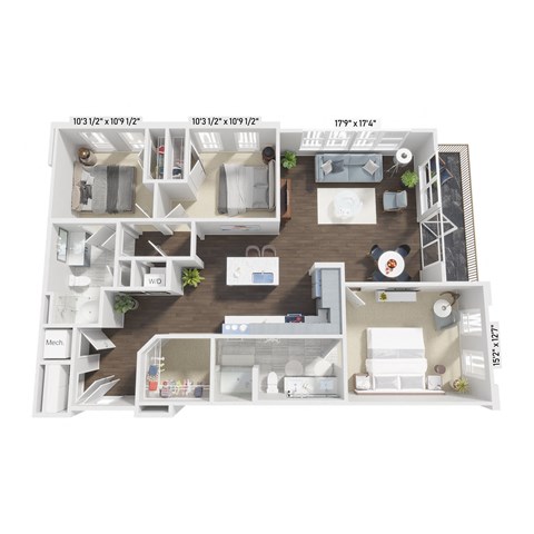 Floor plan for 3 beds, 2 baths, 1372 sqft