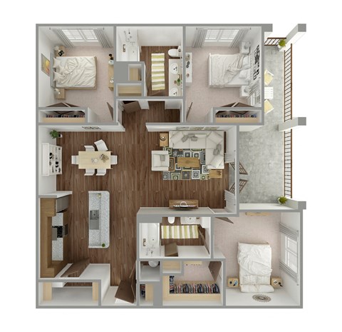 Floor plan for 3 beds, 2 baths, 1373 sqft