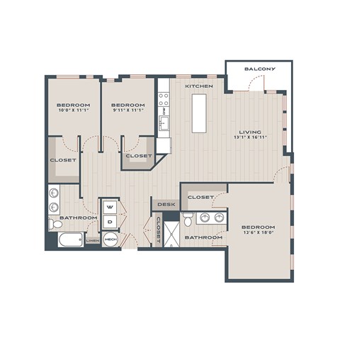 Floor plan for 3 beds, 2 baths, 1635 sqft