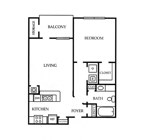 Floor plan for 1 bed, 1 bath, 723 sqft