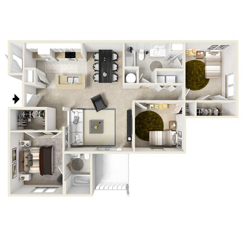 Floor plan for 3 beds, 2 baths, 1253 sqft