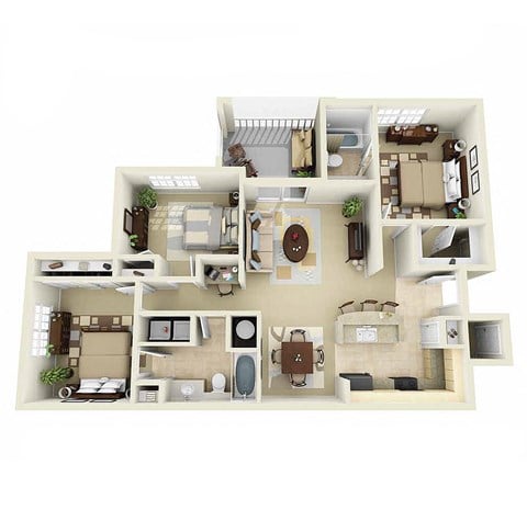 Floor plan for 3 beds, 2 baths, 1187 sqft
