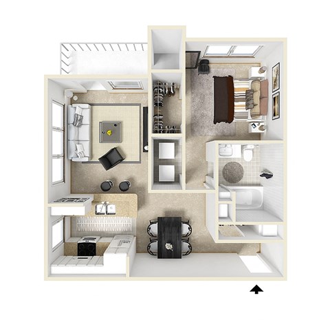 Floor plan for 1 bed, 1 bath, 812 sqft