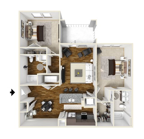 Floor plan for 2 beds, 2 baths, 1091 sqft