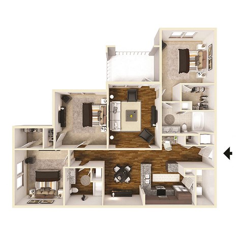 Floor plan for 3 beds, 2 baths, 1358 sqft