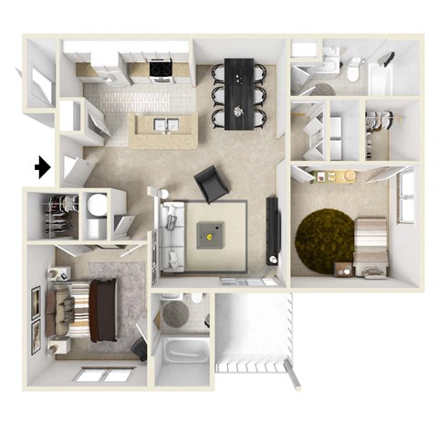 Floor plan for 2 beds, 2 baths, 1065 sqft