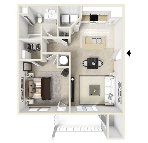 Floor plan for 1 bed, 1 bath, 752 sqft