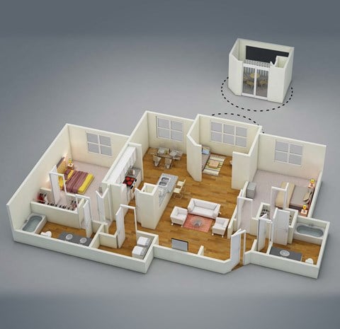 Floor plan for 2 beds, 2 baths, 1130 sqft