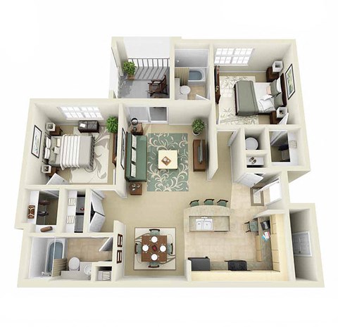 Floor plan for 2 beds, 2 baths, 965 sqft