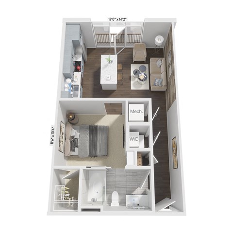 Floor plan for studio, 1 bath, 589 sqft