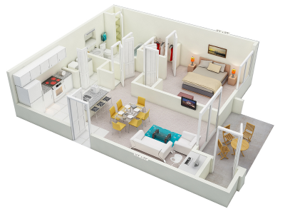 Floor plan for 1 bed, 1 bath, 761 sqft