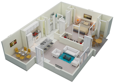 Floor plan for 1 bed, 1 bath, 824 sqft