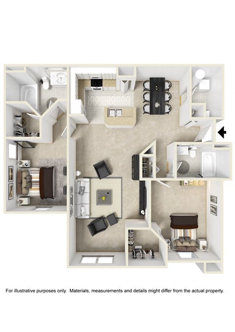 Floor plan for 2 beds, 2 baths, 1221 sqft