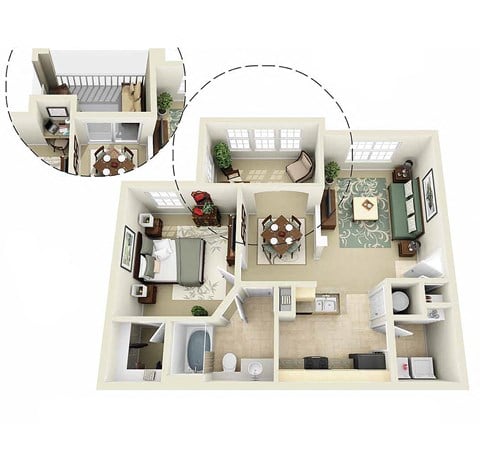 Floor plan for 1 bed, 1 bath, 833 sqft