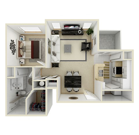 Floor plan for 1 bed, 1 bath, 872 sqft