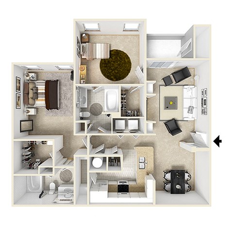 Floor plan for 2 beds, 2 baths, 1131 sqft