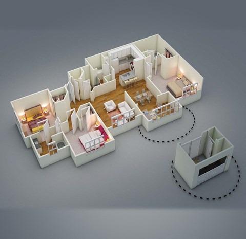 Floor plan for 3 beds, 2.5 baths, 1422 sqft