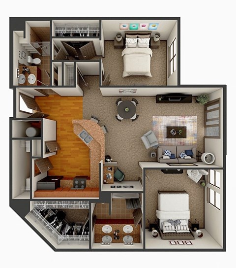Floor plan for 2 beds, 2 baths, 1199 sqft