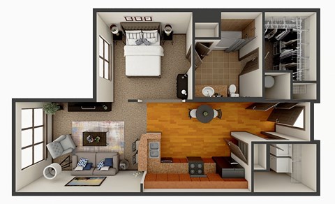 Floor plan for 1 bed, 1 bath, 724 sqft