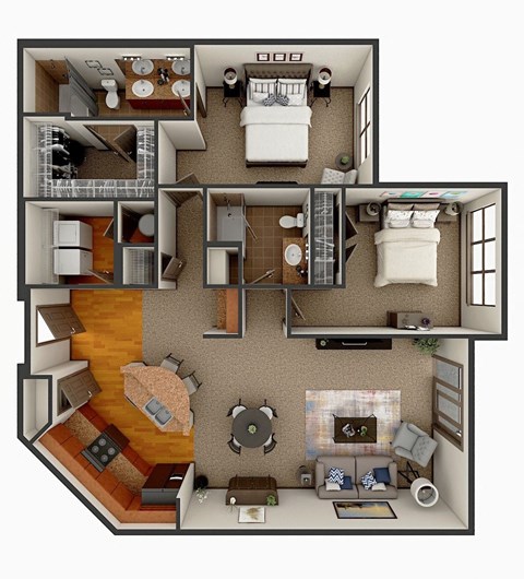 Floor plan for 2 beds, 2 baths, 1229 sqft