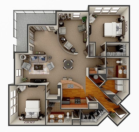 Floor plan for 2 beds, 2 baths, 1635 sqft