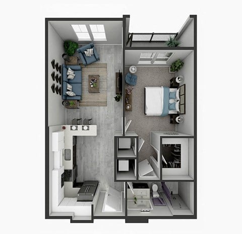 Floor plan for 1 bed, 1 bath, 725 sqft