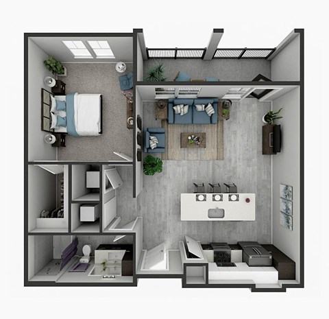 Floor plan for 1 bed, 1 bath, 799 sqft