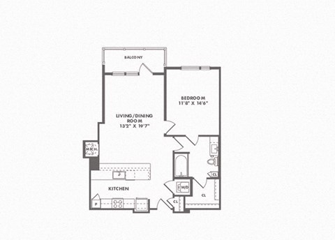 Floor plan for 1 bed, 1 bath, 863 sqft