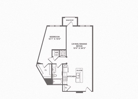 Floor plan for 1 bed, 1 bath, 940 sqft