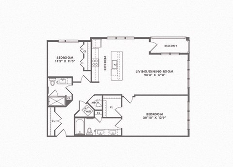 Floor plan for 2 beds, 2 baths, 1350 sqft