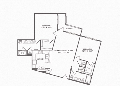 Floor plan for 2 beds, 2 baths, 1335 sqft