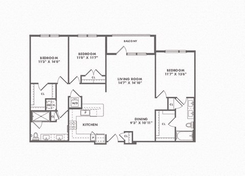 Floor plan for 3 beds, 2 baths, 1480 sqft