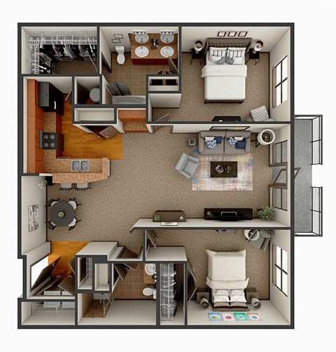 Floor plan for 2 beds, 2 baths, 1192 sqft