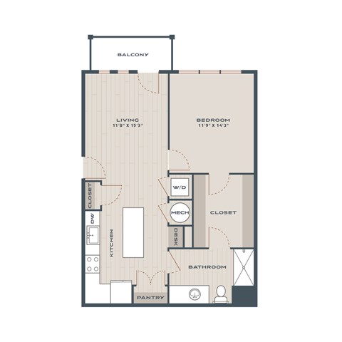 Floor plan for 1 bed, 1 bath, 835 sqft