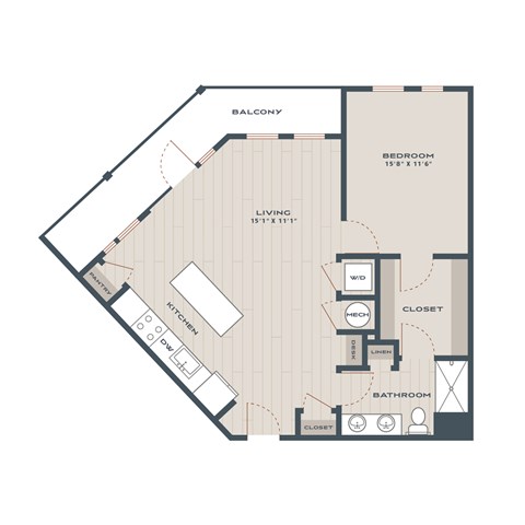 Floor plan for 1 bed, 1 bath, 944 sqft