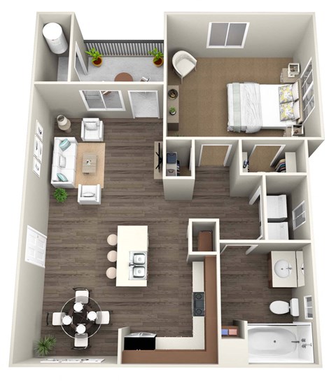 Floor plan for 1 bed, 1 bath, 696 sqft