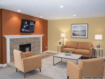 Escondido apartment for rent - A living room with a fireplace, two chairs, a couch, and a painting on the wall.