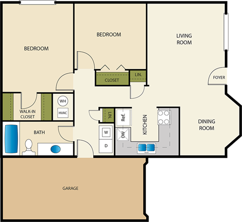 Floor plan for 2 beds, 1 bath, 960 sqft
