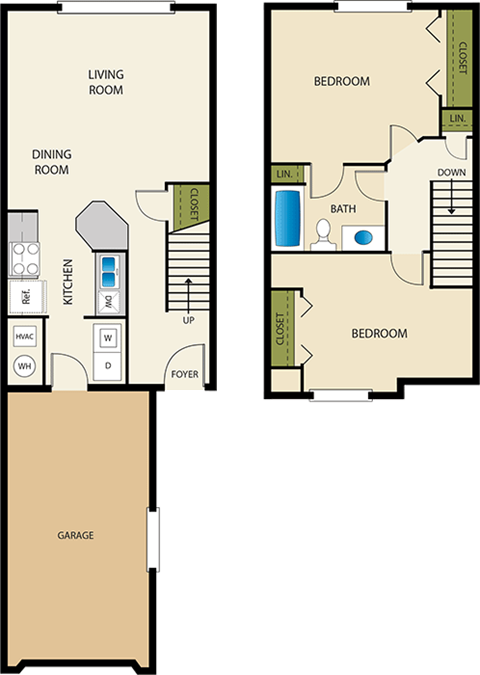 Floor plan for 2 beds, 1 bath, 960 sqft