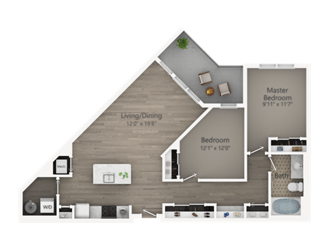 Floor plan for 2 beds, 1 bath, 881 sqft