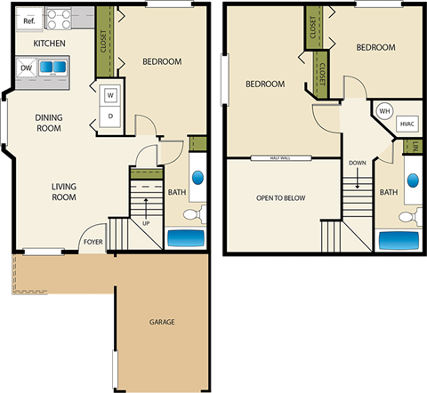 Floor plan for 2 beds, 2 baths, 1100 sqft