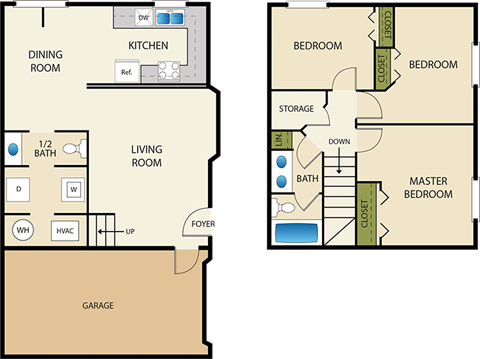 Floor plan for 3 beds, 2 baths, 1144 sqft